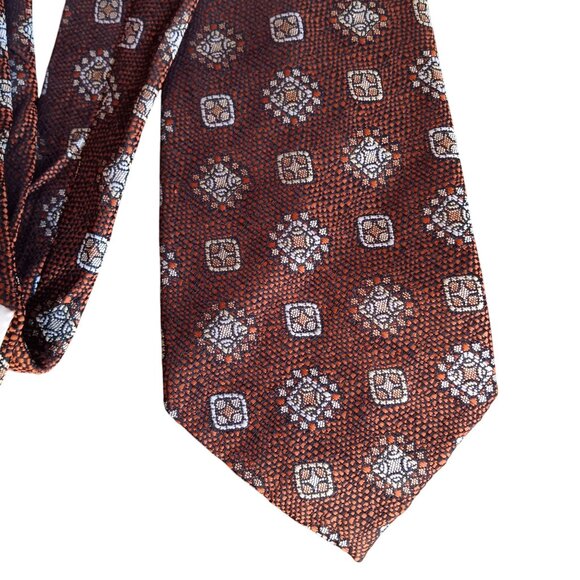 Vintage Custom Design Geometric Pattern Tie Brown/Orange 100% Polyester 56" 4" - Picture 2 of 4
